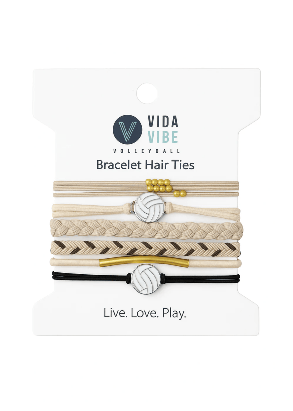 Pack of bracelet hair ties with Vida Vibe branding on a white background